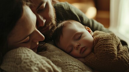 Parents holding their baby while sleeping, surrounded by warmth and love. 