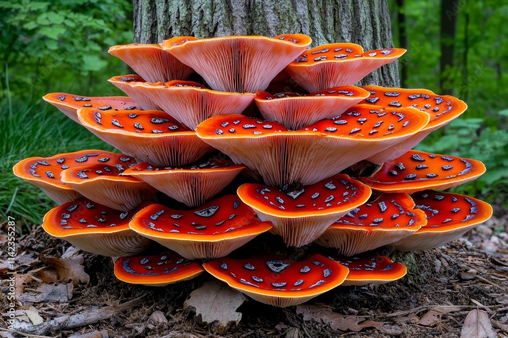 Poster a group of mushrooms growing at the base of a tree, with intricate details of their caps and stems i