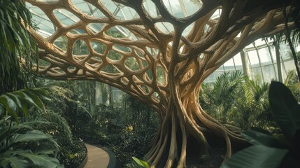 Close-up of the intricate network of trunks and prop roots of a giant Ficus tree, surrounded by tropical plants in the botanical garden