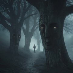 The Haunting Forest: A solitary figure walks a misty path, shadowed by ancient trees with haunting faces, creating a chilling scene of mystery and foreboding. 