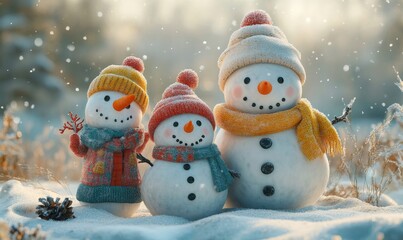 Fototapeta premium A cheerful family of snowmen in winter outfits on a snowy day