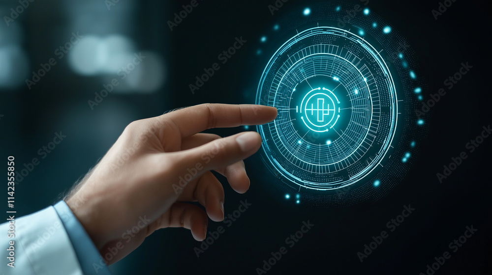 Poster hand touching virtual digital health interface, showcasing advanced technology and interaction. glow