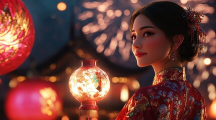 Naklejka premium Woman in red Cheongsam with lanterns and fireworks.