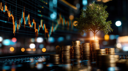Obraz premium Growing investment concept with coins and tree on financial background