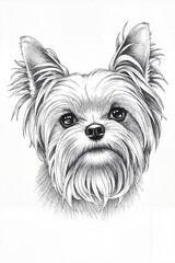 Fototapeta premium Expressive black and white pen and ink portrait of Yorkshire Terrier showcasing meticulously detailed fur texture, soulful eyes, and characteristic small pointed ears in realistic style