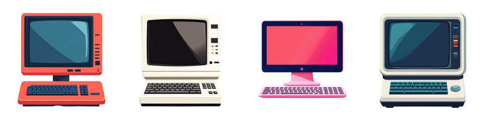 Retro Vintage Futuristic Computer Workstations with Monitors Keyboards and Gadgets Showcasing the Evolution of Technology in the Modern Office Environment