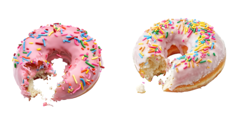 Pink frosted donut with colorful sprinkles with bite missing. Generative AI.