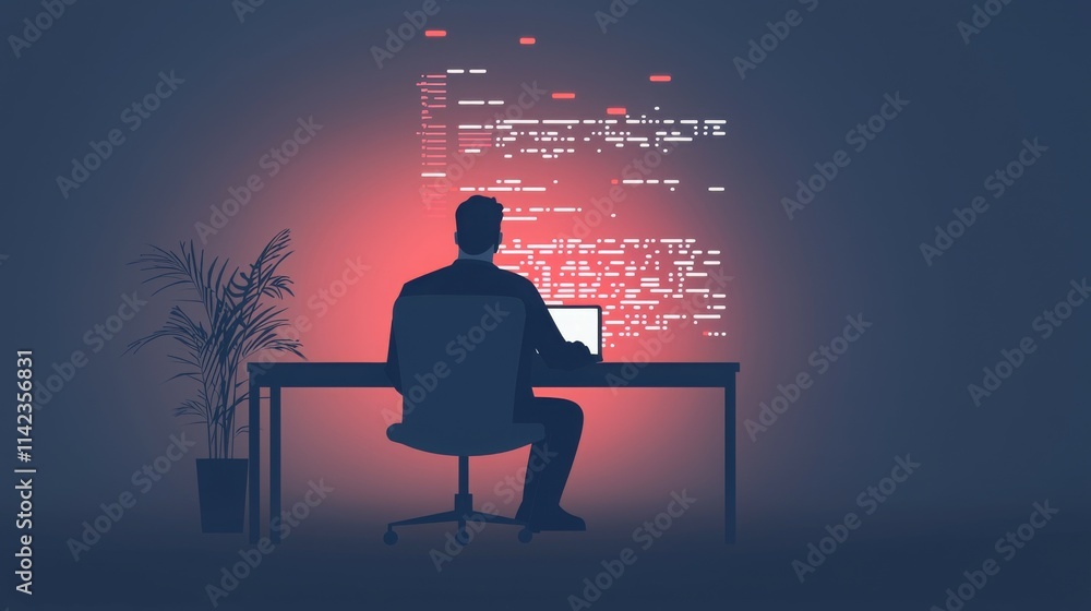 Poster a silhouette of a person coding at a desk, illuminated by digital text.