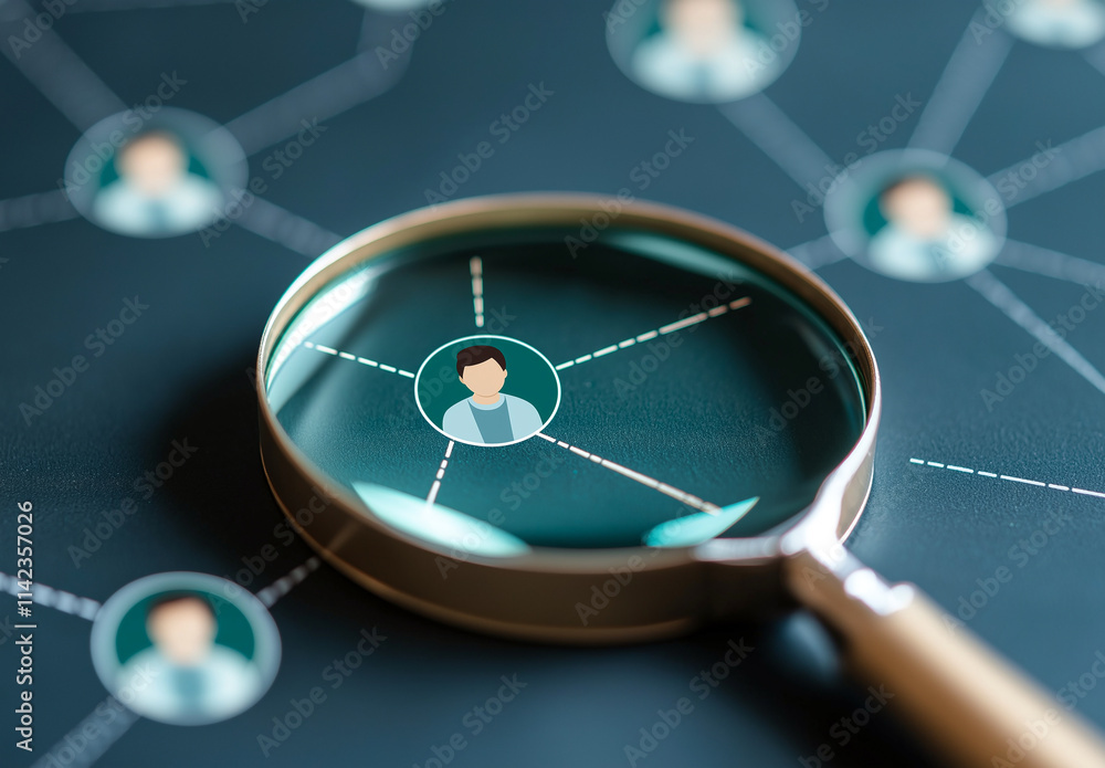 Poster magnifying glass focuses on central figure surrounded by connected icons, symbolizing analysis and n