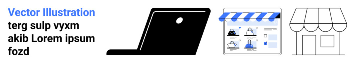 Laptop, online store interface with shopping icons, physical storefront outline for comparing digital vs. brick-and-mortar shopping. Ideal for e-commerce, online business, digital marketing, retail