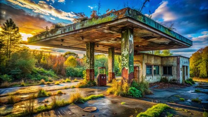 Abandoned Gas Station Urban Exploration Photography: Decaying Industrial Ruins, Rust, Graffiti, Urban Decay, Post-Apocalyptic