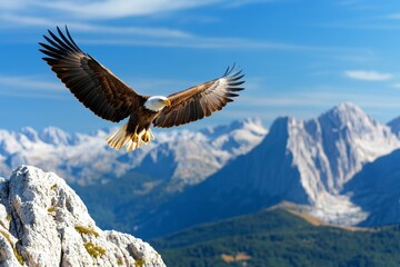 A lone eagle soaring above a mountain range, embodying strength and freedom
