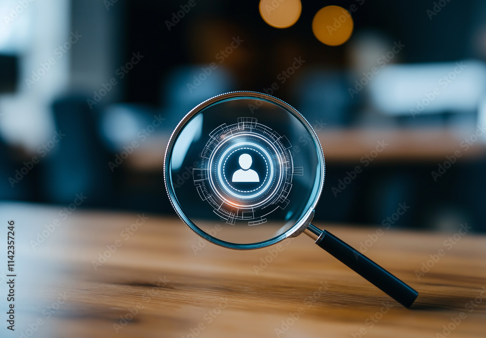 Poster magnifying glass focuses on digital user icon, symbolizing search and analysis in modern workspace. 