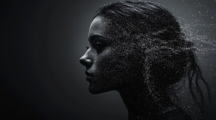 Woman's profile dissolving into particles.