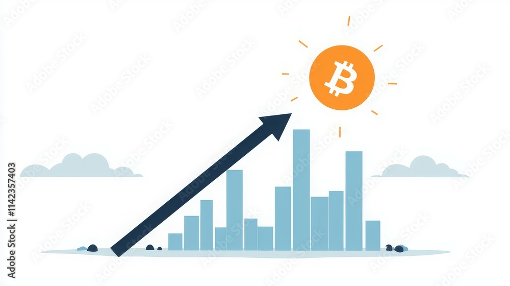 Poster a graphic representation of rising bitcoin value with a bar chart and sun symbol.