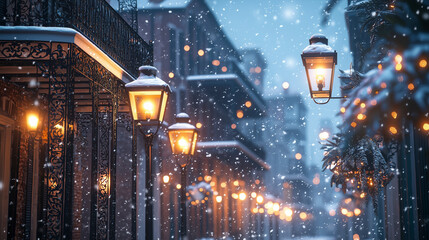 New Orleans French Quarter Winter Setting Christmas Time with Fairy Tale Snow