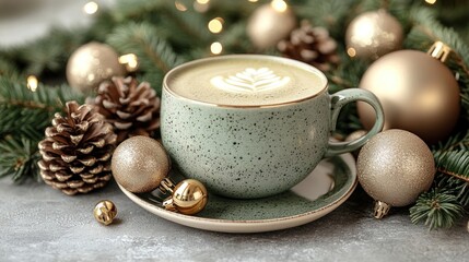 Fototapeta premium Festive Christmas latte in a speckled green mug surrounded by holiday decorations.