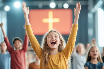Joyful children worshiping in modern Christian church, raising hands in celebration. atmosphere is vibrant and uplifting, filled with energy and faith