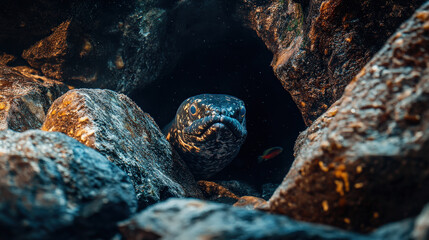Mysterious moray eel peeking out from rocky crevice in underwater scene. intricate textures of rocks and eel unique patterns create captivating atmosphere