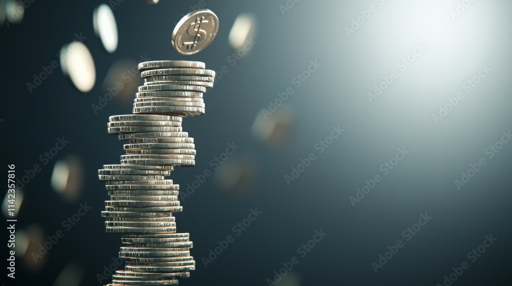 Poster A stack of coins with a single coin hovering above, symbolizing wealth and investment.