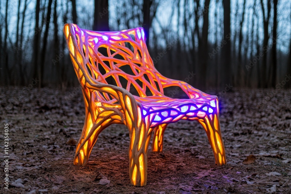 Poster a magical throne made of intertwined branches and gemstones, glowing softly in an enchanted forest w