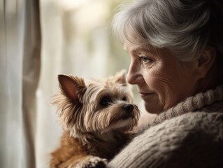 An older woman holds a small dog near a window