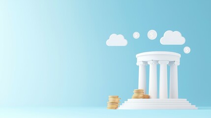 A minimalist depiction of a bank with coins and clouds, symbolizing finance and investment.