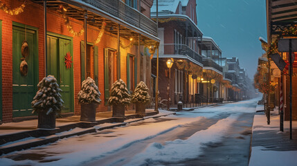 New Orleans French Quarter Winter Setting Christmas Time with Fairy Tale Snow