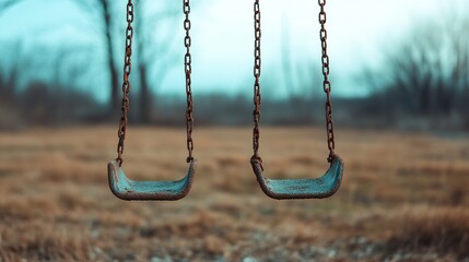 Abandoned playground, rusting swings swaying in the stillness of dusk