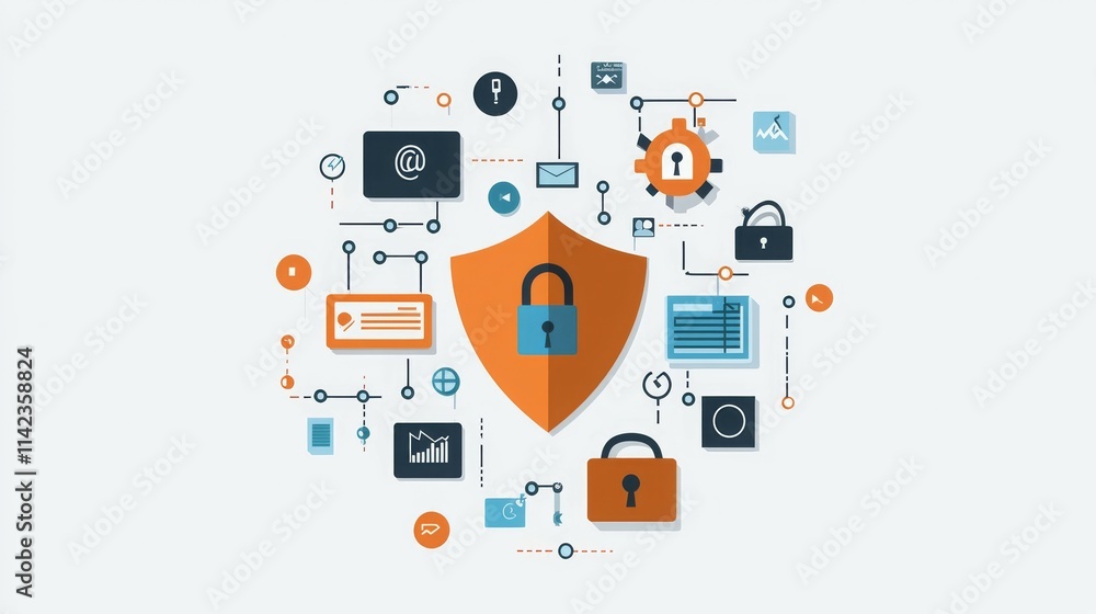 Poster digital security concept with shield and lock icons surrounded by technology symbols.