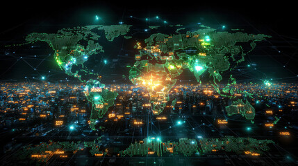 Obraz premium High tech financial dashboard displaying digital world map with data