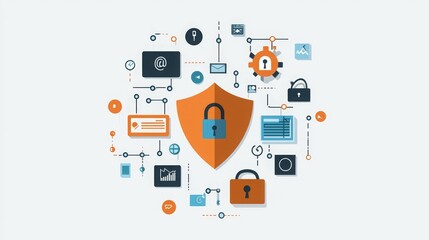 Fototapeta premium Digital security concept with shield and lock icons surrounded by technology symbols.