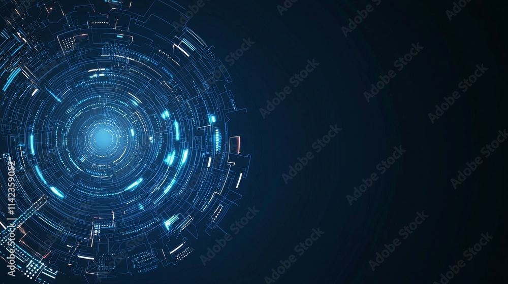 Poster abstract digital design featuring circular patterns and glowing blue elements.