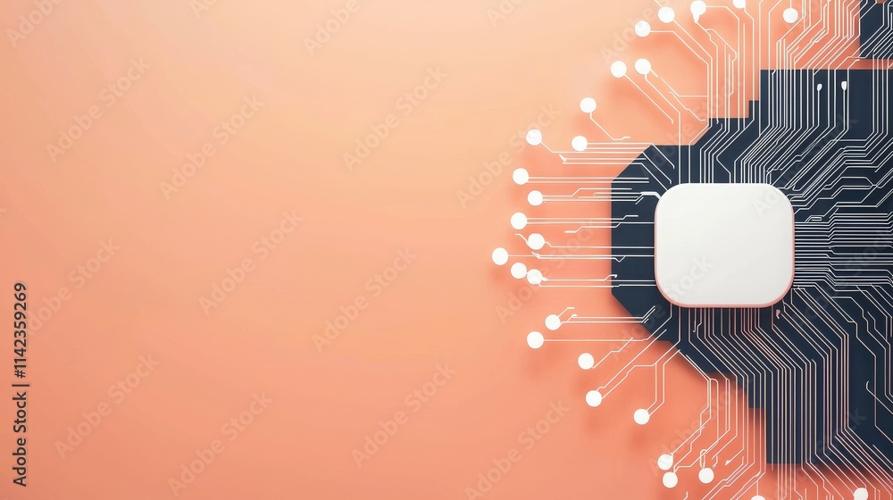 Poster abstract design featuring a circuit board and a central white element on a soft background.