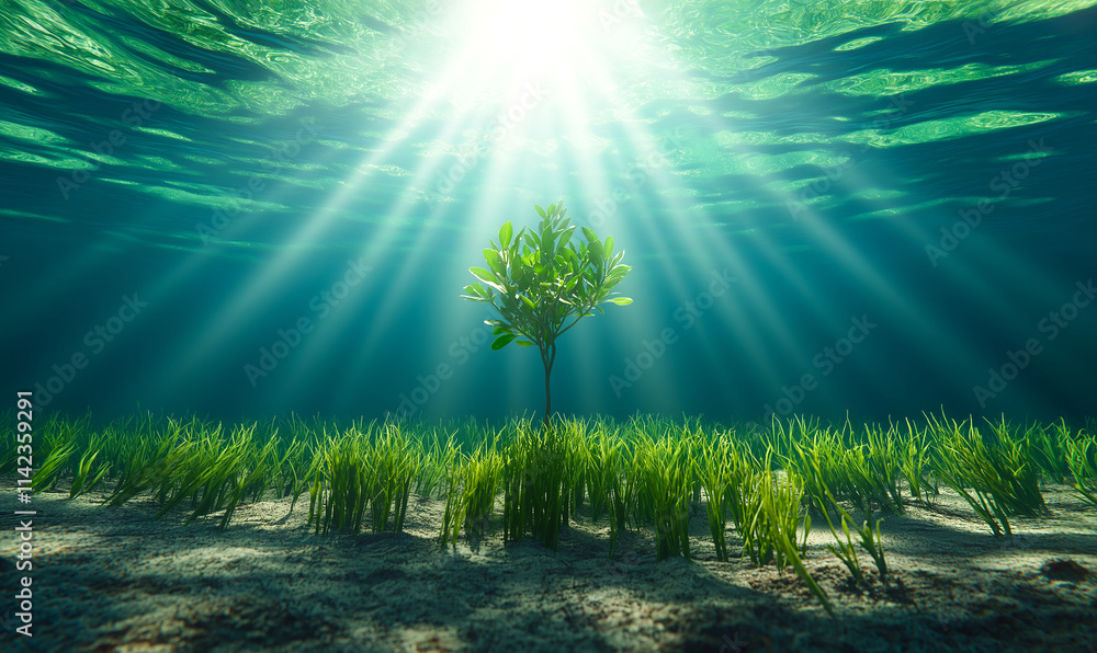 Poster serene underwater scene featuring small tree surrounded by lush green grass, illuminated by rays of 