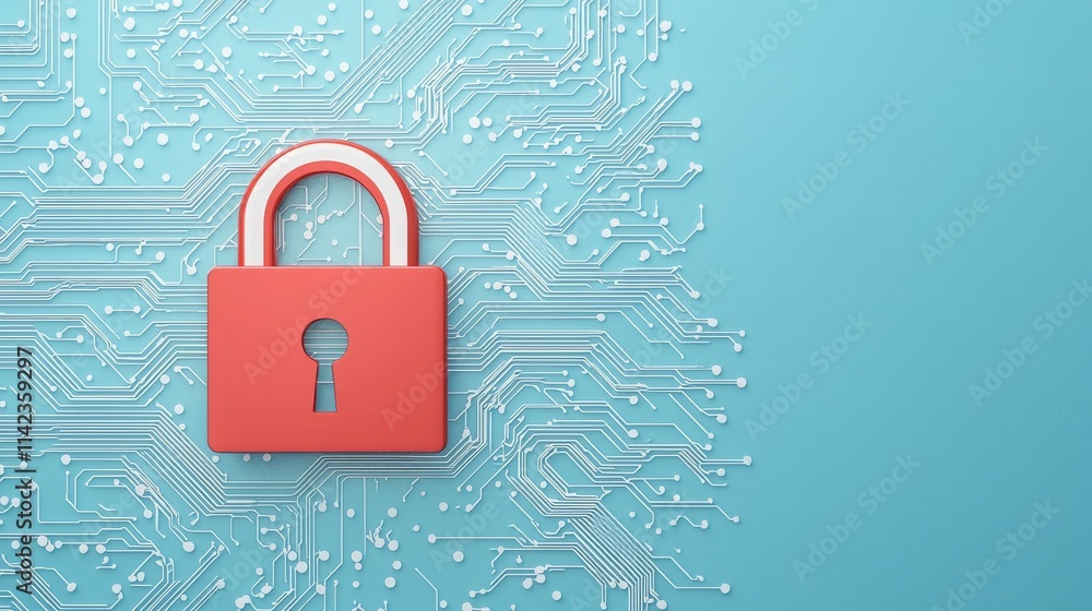 Poster a red padlock on a circuit board background, symbolizing cybersecurity and data protection.