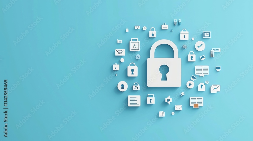 Poster a collection of security icons surrounding a central padlock symbol on a blue background.