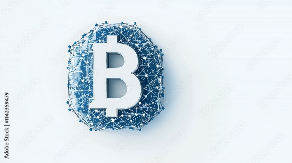 Poster a digital representation of the bitcoin symbol surrounded by a network of connections.