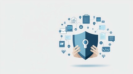 A shield with a keyhole surrounded by icons representing data security and technology.