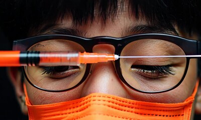 Young child prepares for vaccination wearing glasses and an orange mask