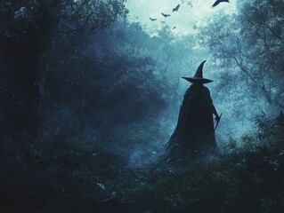 dark figure in witch hat and cape walking through woods