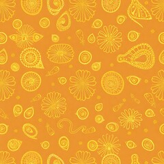 Golden Organic Pattern: A vibrant, intricate pattern of golden organic shapes on a warm orange background, perfect for adding a touch of nature and warmth to your designs. 