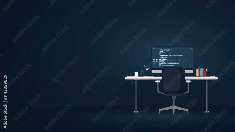 Poster a minimalist workspace featuring a computer, chair, and books, ideal for coding or study.