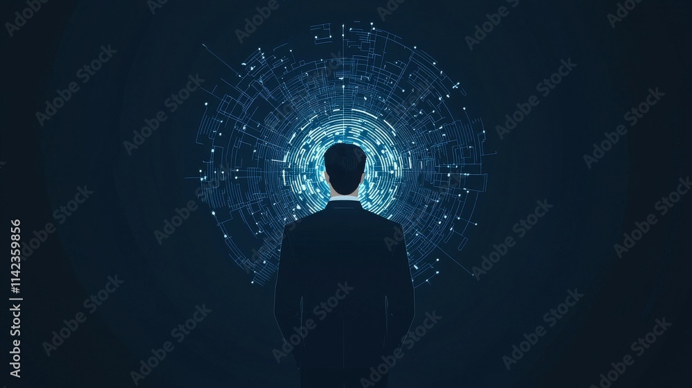 Poster a silhouette of a man facing a digital vortex of data and technology.