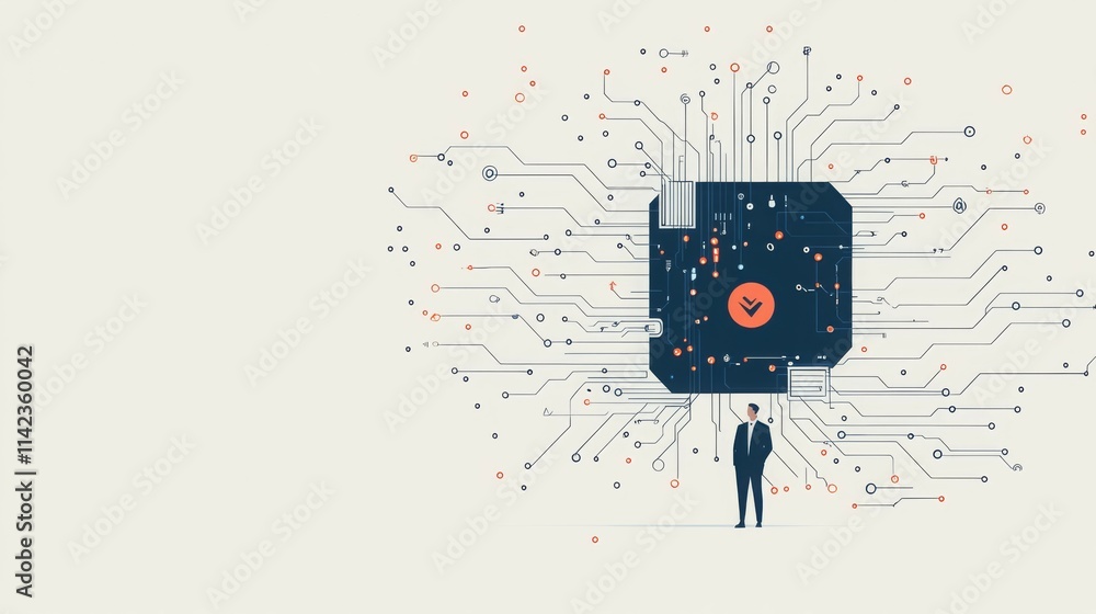 Poster a figure stands before a circuit-like design, symbolizing technology and data integration.