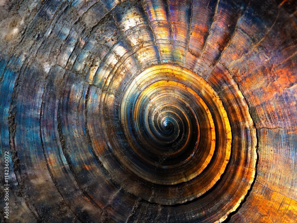 Poster a close-up shot of a spiral pattern with colorful iridescent texture
