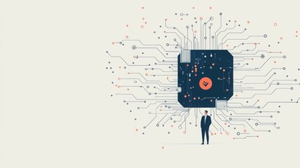 Obraz premium A figure stands before a circuit-like design, symbolizing technology and data integration.