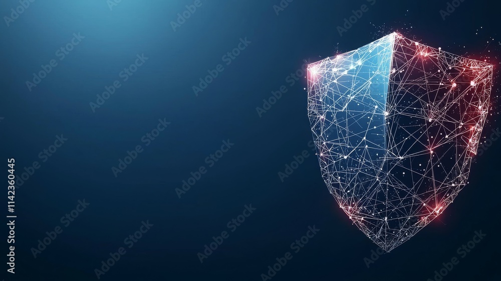 Poster a digital shield composed of interconnected lines and nodes, symbolizing cybersecurity.