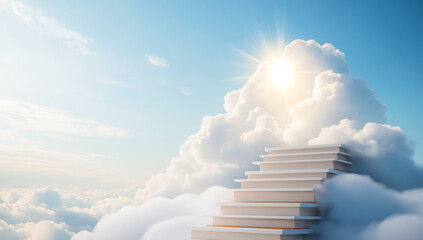 Stairs leading to sky, surrounded by fluffy white clouds, evoke sense of wonder and tranquility. bright sun shines through, creating serene atmosphere