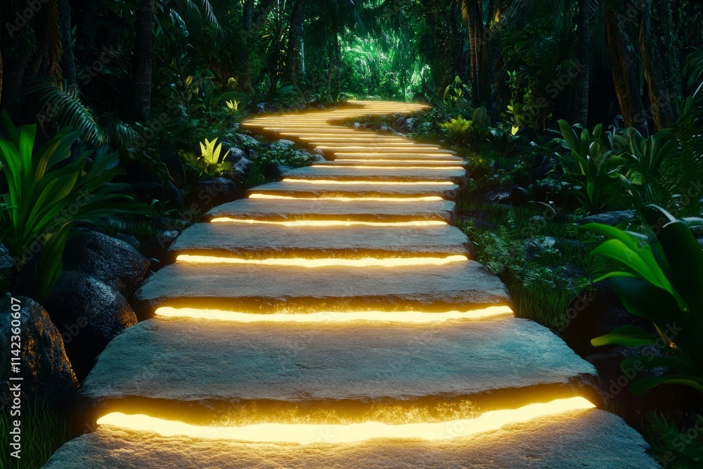 Poster a mystical scene of glowing footprints leading through an enchanted forest, with light beams radiati